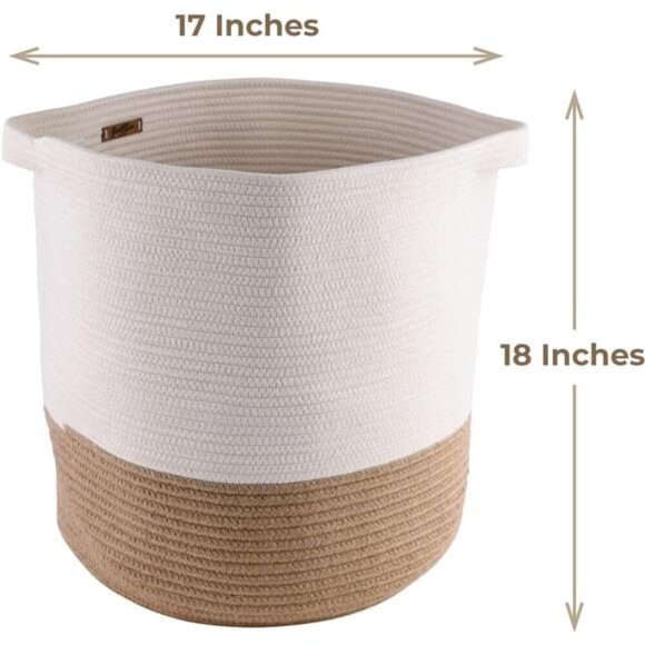 Large Cotton Rope Woven Basket - 18" x 17” Tall Decorative Storage Basket - Picture 2 of 7